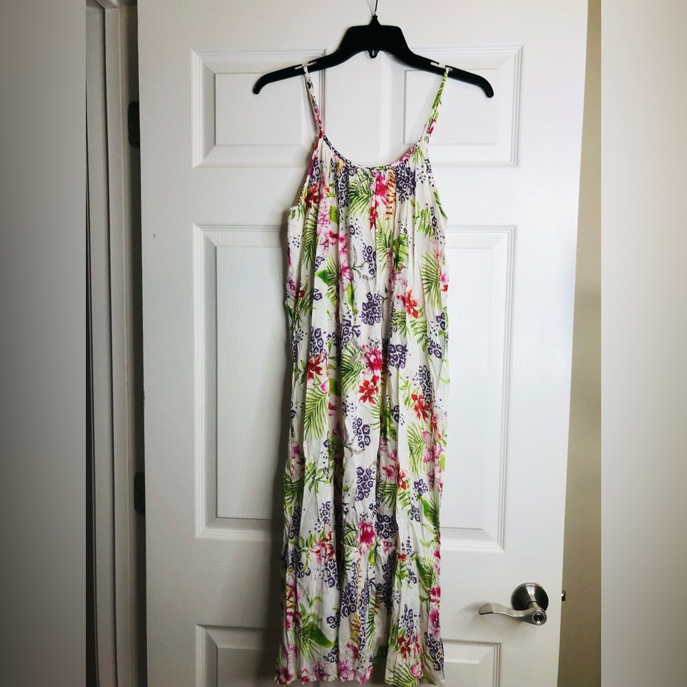 bohme White Floral Midi Dress with Green and Pink Print